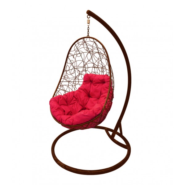 Кресло подвесное "Овал" с ротангом, с малиновой подушкой Коричневое