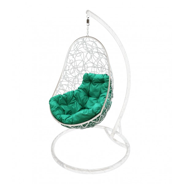 Кресло подвесное "Овал" с ротангом, с зелёной подушкой Белое