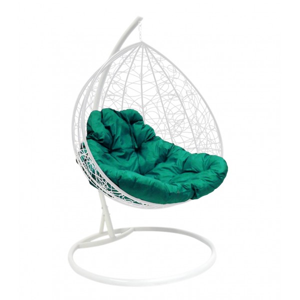 Подвесное кресло "Для двоих" Ротанг, с зелёной подушкой Белое