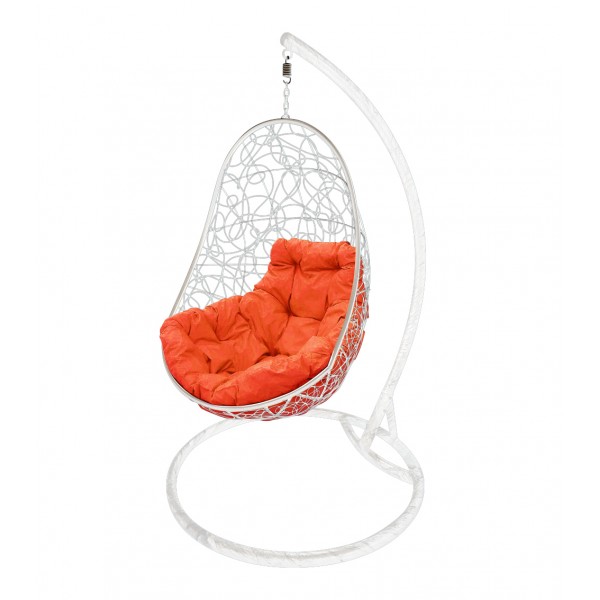 Кресло подвесное "Овал" с ротангом, с оранжевой подушкой Белое